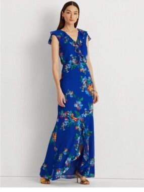 Lauren Ralph Lauren Royal Blue Chiffon Floral Maxi Dress